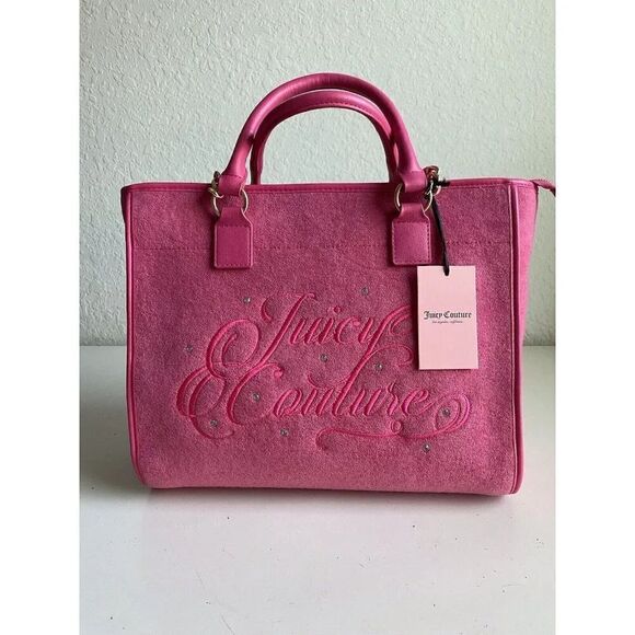 Juicy Couture Beach Tote Pink Flash Terry Cloth Embroidered Logo Bag Purse NEW - Picture 2 of 13